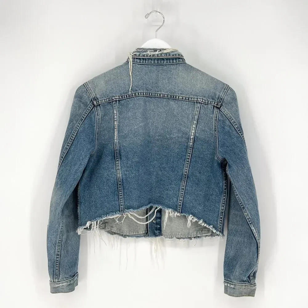 GRLFRND Cara Cropped Denim Jacket Women’s Size Small Mary Jane Distressed